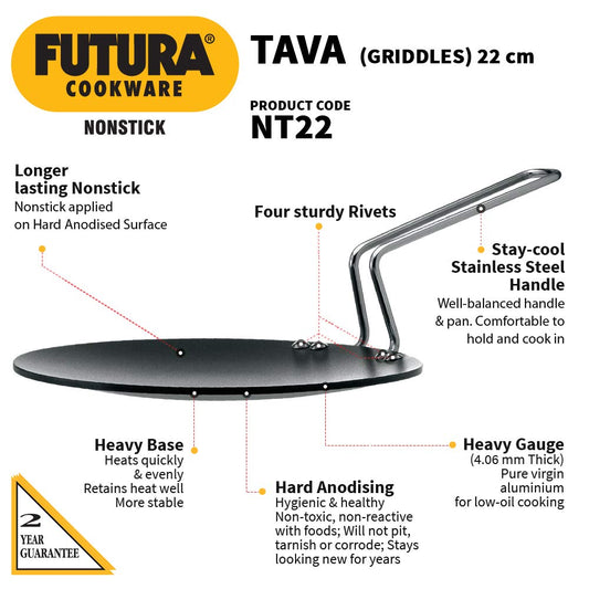 Hawkins Futura  Tava, Non Stick Tawa with Stainless Steel Handle, Black